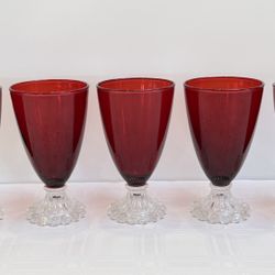 Vintage Anchor Hocking Royal Ruby Red Clear Foot Boopie Bead Edge Goblets