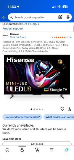 Hisense 85" U8K Mini-LED 4K Smart TV