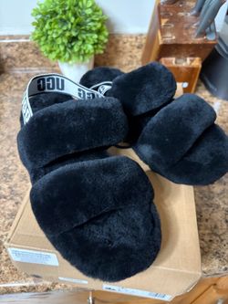 UGG Black Fluffy Slide Sandals