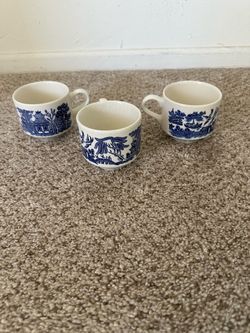 Vintage Set Of 3 Churchill Blue Willow Tea Coffee Cups Made In England