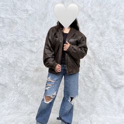 Vintage Expedition Brown Leather Bomber Jacket Mens L/XL 90s Classic Zip Up