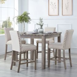 Farmhouse Style 5-piece Square Bar Table Set, 4 Upholstered Counter Stools with Bar Table Dining Set