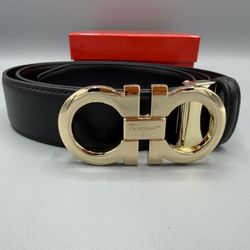 Salvatore Ferragamo Belt Gold Buckle Black Leather With Box. ✅ Sizes 32-34