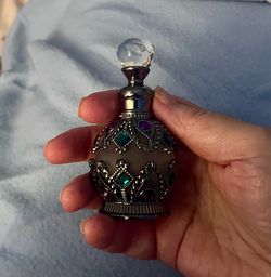 Vintage Gray Glass Perfume Bottle with Green and Dark Pink Gemstones - Wand Applicator