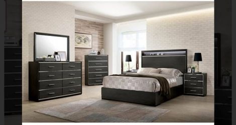 NEW WARM GRAY 4-PIECE MODERN BEDROOM SET W/ HEADBOARD LIGHTS + USB PORTS IN NIGHTSTAND
