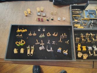 37 sets of cufflinks and also eight tie bars beautifully made shiny vintage clean noticeable unisex looks like real gold