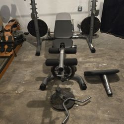Weight Bench, Plates, Curl Bar, Dumbbells