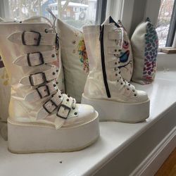 Women's Demonia Damned 225 Pink Green Iridescent Vegan Leather Boots Size 6