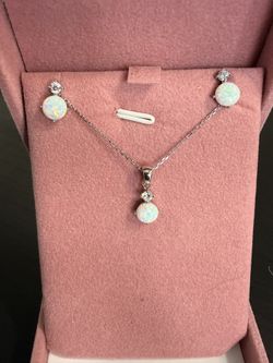 Solid Sterling Silver 925 White Opal Earrings N Pendant Set