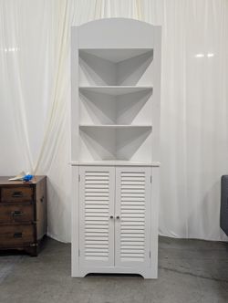 White Wood Corner Bookcase with Louvered Doors