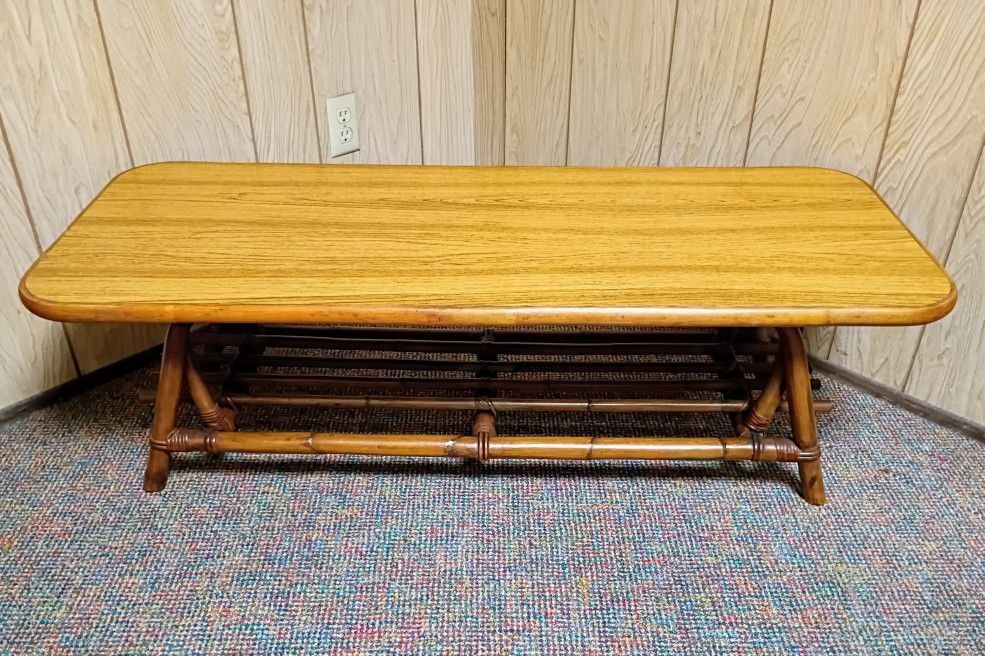 Mid Century Vintage Bamboo Rattan Formica Top Tiki Coffee Table