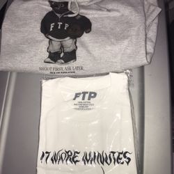 RARE FTP SHOOT FIRST HOODIE M x MORE MINUTES TEE XL shirt sweatshirt hat beanie bag all over print polo bear rats dad hats jacket brand new og