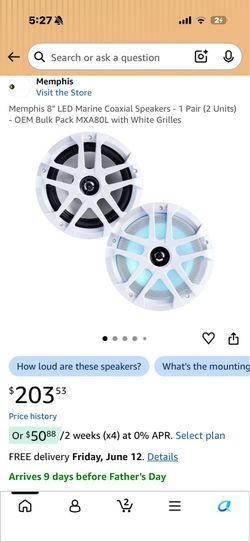 Memphis 8" LED Marine Coaxial Speakers - 1 Pair (2 Units) - OEM Bulk Pack MXA80L with White Grilles