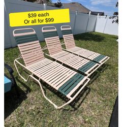 Outdoors Vinyl Strap Pool Chaise Lounge (dimensions at photos) $39 each/ Sillas banca de piscina $39