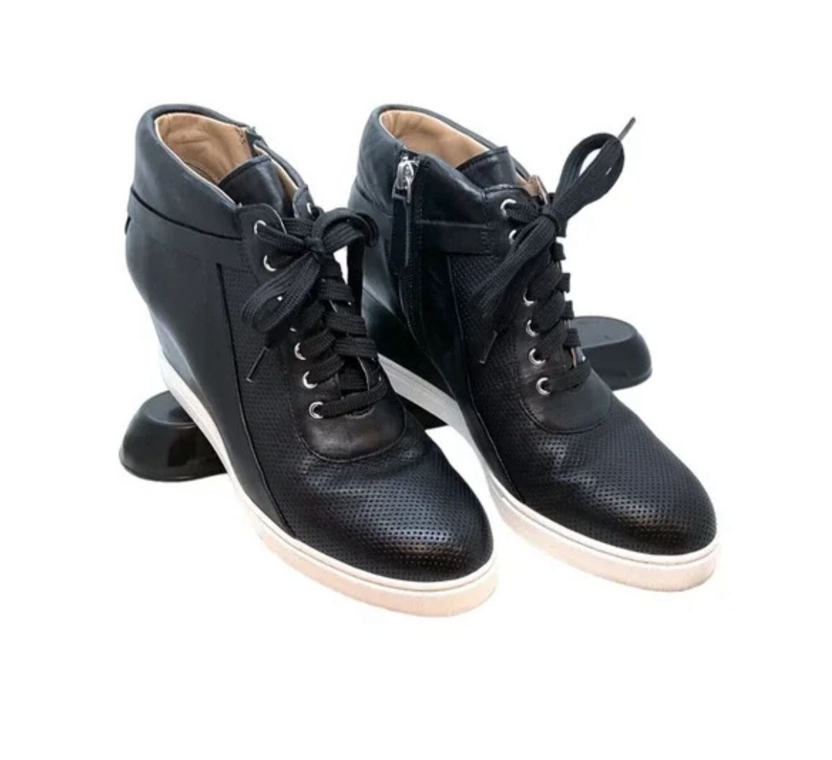 LINEA PAOLO BOOTIES 8 M Black Hidden Wedge Sneaker Zip Lace Up Street Style