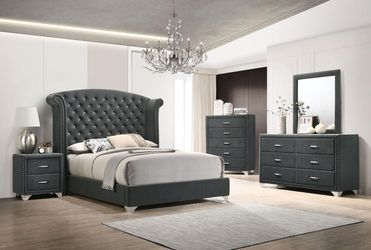 💥New GREY BLING Upholstered Wing Back Bedroom Set King Queen $10 DOWN