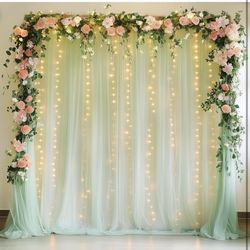 Tulle Backdrop Curtain with Lights String 10FT X 8FT Sage