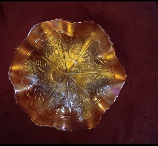 Peacock and Dahlia Fenton Carnival glass Marigold iridescent Antique 7"' bowl