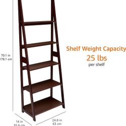 Ladder Bookshelf Organizer, Solid Rubberwood Frame, Espresso Finish, 5 Shelves, 14" D x 24.8" W x 70