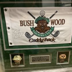 Autographed Caddy shack Bush Wood Flag. With Groundskeeper And Gopher Pops.