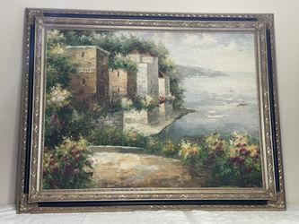 36”x 48” Framed Athens Landscape W/boats Canvas Painting