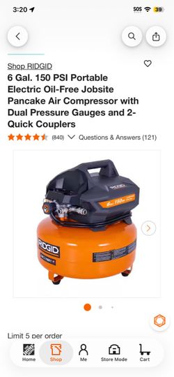 6 Gal. 150 PSI Portable Electric Oil-Free Jobsite Pancake Air Compressor with Dual Pressure Gauges and 2- Quick Couplers
