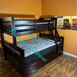 Twin / Full Bunk Bed Espresso With Drawers  81"W x 58"D x 65"H  Matte Included    Litera Full Twin Con Cajones. Color Cafe Expresso Colchones Incluido