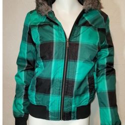 O’Neill Women’s Winter Jacket Size M – Teal Plaid Faux Fur Hood, Warm & Stylish