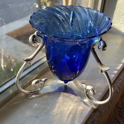Cobalt blue 6 inch candle holder, decorative, with insert, metal silver casing