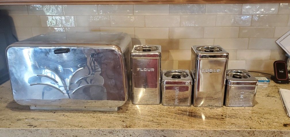 Vintage Aluminum Bread Box With Canisters