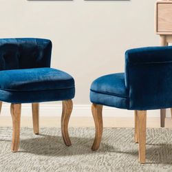  (Set of 2) Vanity Chairs, Accent Chairs, Side Chairs, Blue Velvet Tufted Chairs with Solid Wood Legs