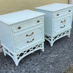 Fun Pair of Vintage Project Bamboo and Rattan Palm Beach Nightstands