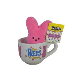Peeps Pink Plush Bunny in a Ceramic Coffee Mug "Give Peeps a Chance" 12 oz New
