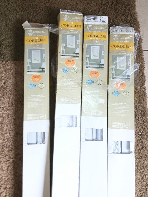 Brand New 4 Sets of Vinyl Cordless window blinds for sale.