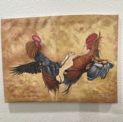 Signed painting of two roosters fighting. 
