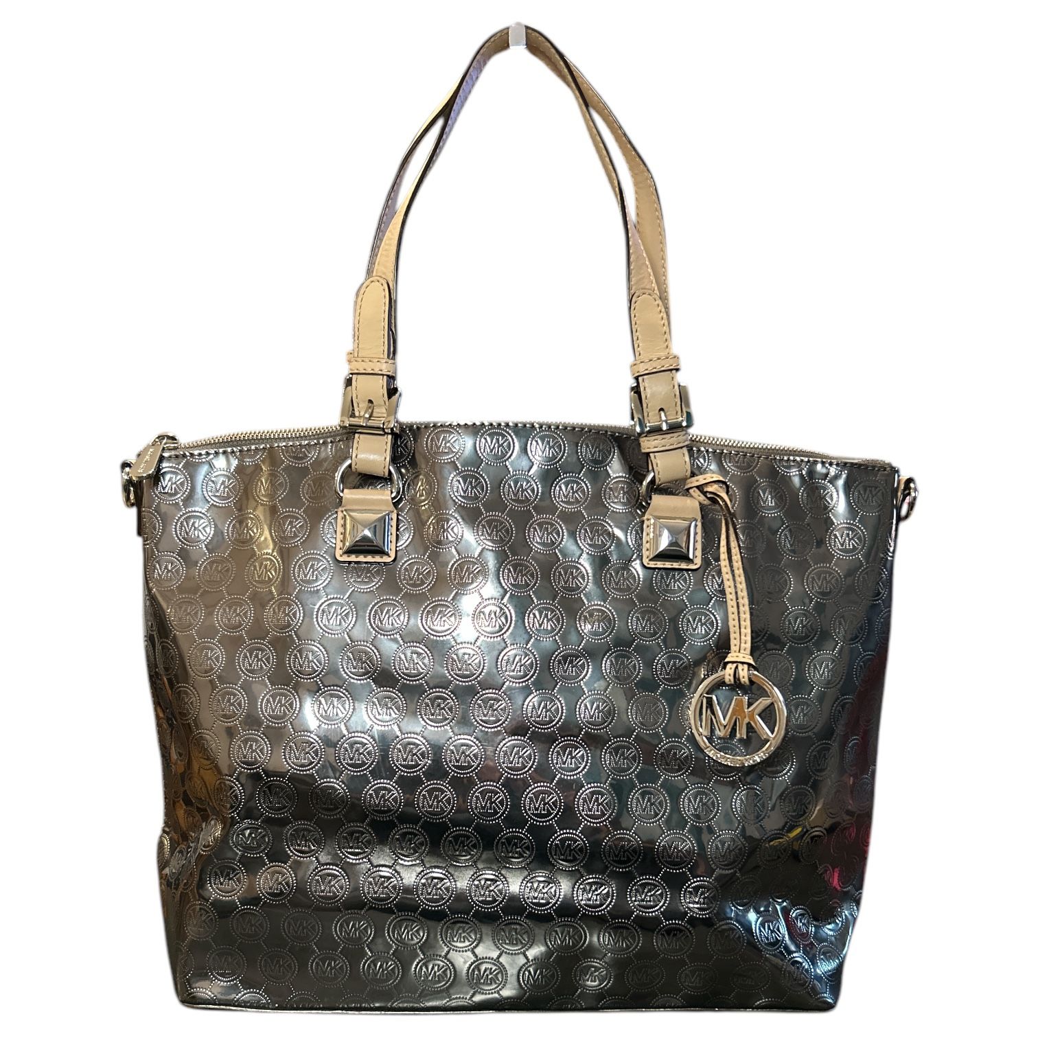 NWOT Michael Kors Jet Set MK Logo Mirror Metallic Top Zip Tote Purse