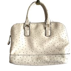 Vintage Bueno White Polka Dotted Handled Purse Zipper Compartments, Pockets