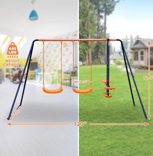 Swing Set Metal Backyard Playground with 2 Seats with 1 Seesaw Play Set 440lbs Capacity

