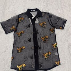 New large men’s black Button Up Shirt sheer Dino sequin festival rave dinosaur