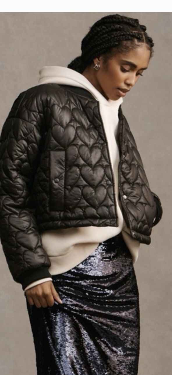 MAEVE Anthropologie Black Quilted Heart Puffer Bomber Jacket 