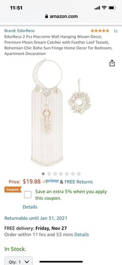 EdorReco 2 Pcs Macrame Wall Hanging Woven Decor, Premium Moon Dream Catcher with Feather Leaf Tassels, Bohemian Chic Boho Sun Fringe Home Decor for B