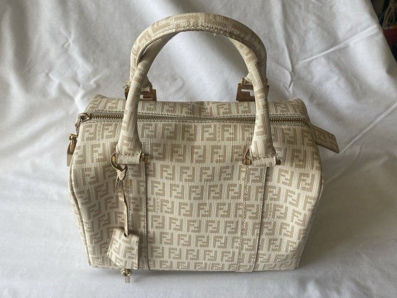 Fendi Zucchino Bowler Bag Beige Two Handle Satchel