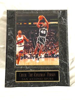 Mint condition signed San Antonio Spurs player (Chuck “ the rifleman” Person) plaque.