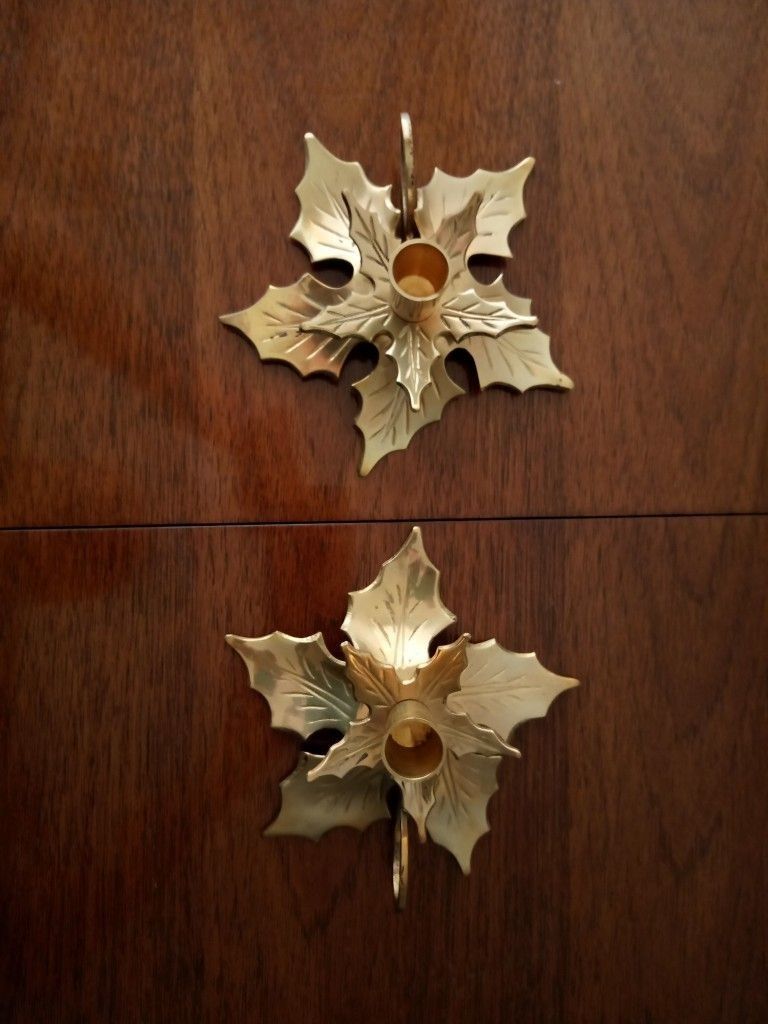 Solid Brass Holly Leaf Candlestick Holders Vintage