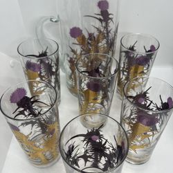 Gregory Duncan Signed PURPLE THISTLE 22K GOLD STEM LEAVES 11” Pitcher &6 Glasses