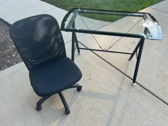 Office desk & chair set black mesh adjustable chair & glass-top desk with black metal X-frame legs