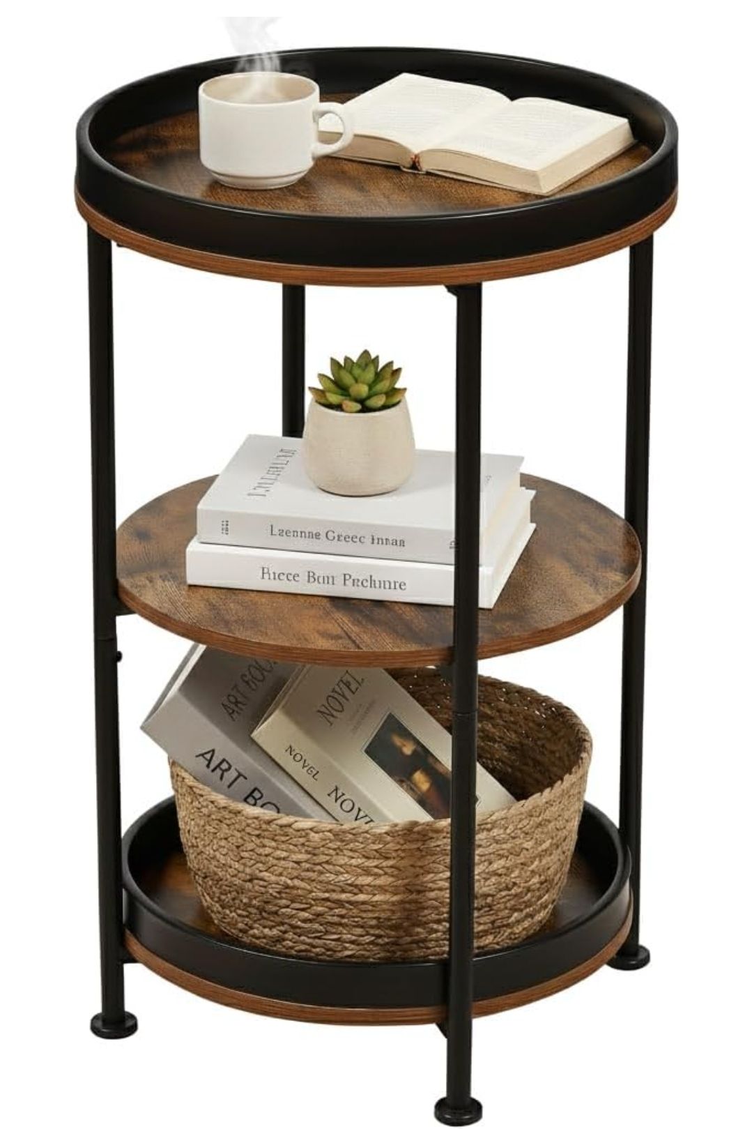 Dulcii Side Table, Round End Table with 3 Storage Shelves for Living Room, Bedroom, Nightstand with Steel Frame for Small Spaces