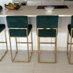 4 Green Velvet Barstools With Brushed Gold Legs