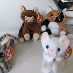 4 Vintage TY Beanie Babies Cats: Pounce, Chip, Prance & Flip 
