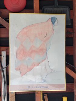 Signed Print of the pastel drawing "Woman with Pendleton Blanket" by the renowned Navajo artist R.C. Gorman
